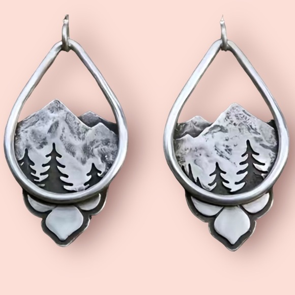 New Mountain Forest Drop Earrings with Vintage Look, Rocky Mountainside w Trees - Picture 3 of 3